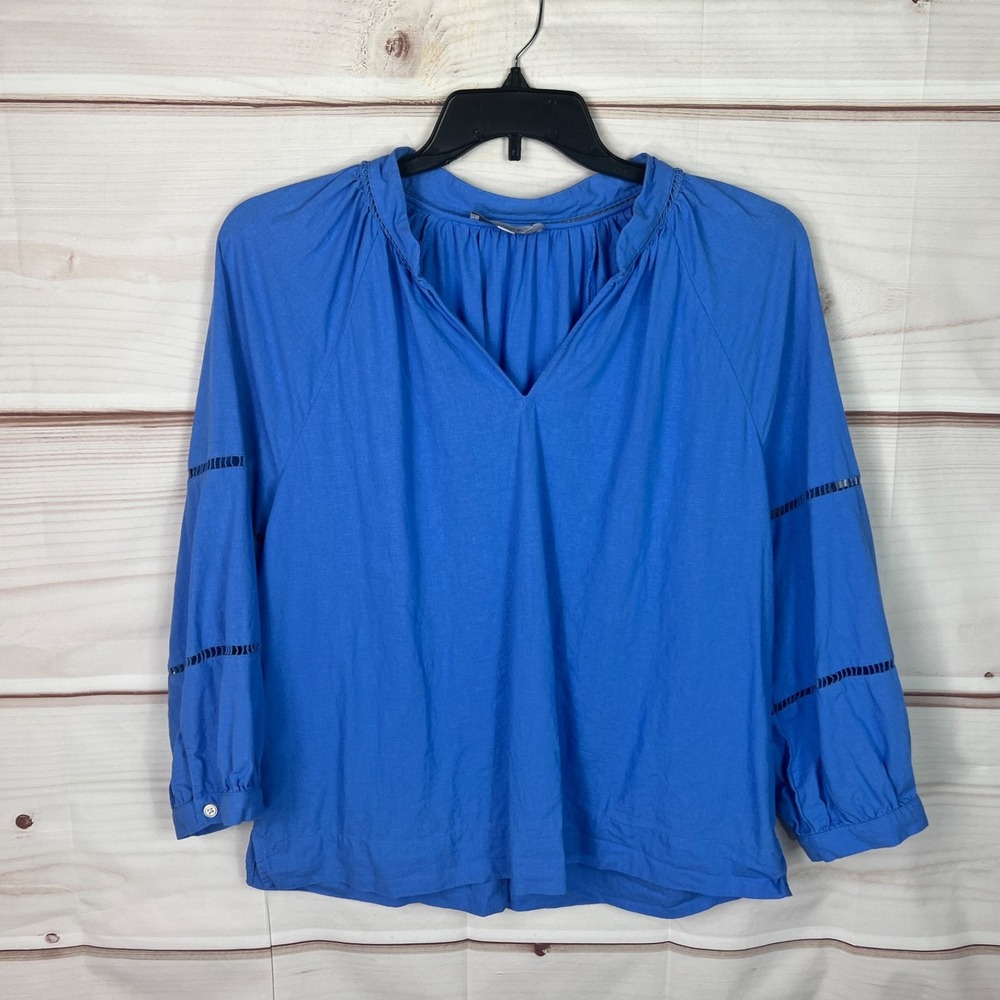 LOFT Top Womens XL Blue Linen Blend Blouse V-Neck Cut Out Detail Pullover Solid